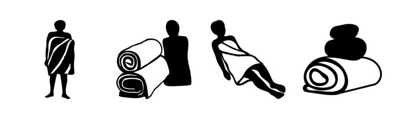 Minimalist spa and relaxation icons: person wrapped in towel, rolled towels, and stones.