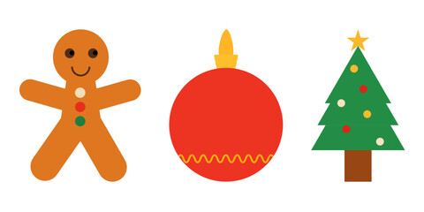Christmas icons in a fun, flat design style: a gingerbread man, ornament ball, and decorated tree. Perfect for holiday cards, festive decorations, and seasonal designs, vector illustration