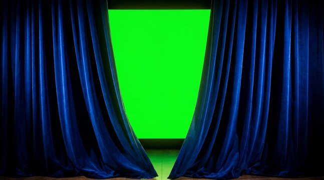 Blue velvet theater curtains opening to reveal bright chroma key green screen backdrop for creative use  
