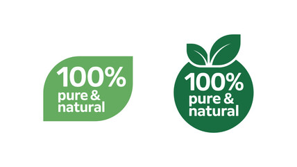 Two green 100 percent pure and natural product labels on white