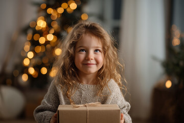 Cute Kid Holding a Wrapped Gift at Christmas
Warm Christmas Moment with Child and Gift