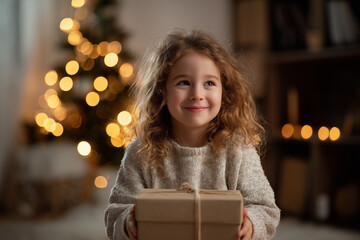 Cute Kid Holding a Wrapped Gift at Christmas
Warm Christmas Moment with Child and Gift