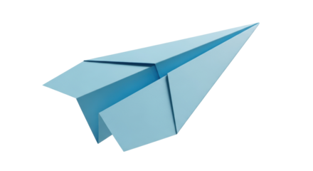 Light blue paper airplane isolated PNG on transparent background, origami toy for travel and childhood themes