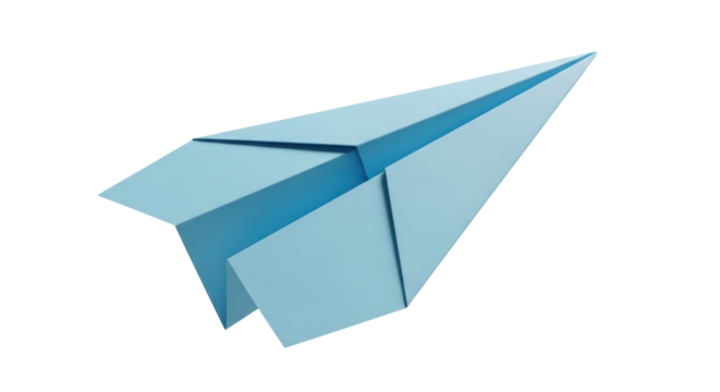 Light blue paper airplane isolated PNG on transparent background, origami toy for travel and childhood themes