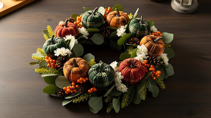 Decorative Autumn Wreath with Pumpkins, Leaves, and Berries for Seasonal Decor - Whisk_272eb29121d843d99c2403c35c6cf320dr