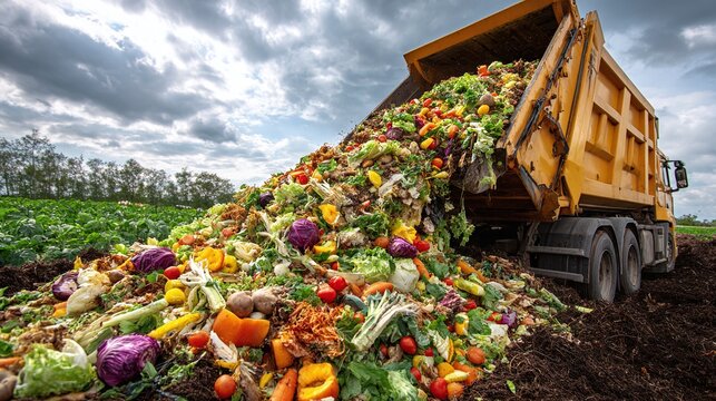 A vibrant heap of organic waste from a truck, showcasing discarded produce like tomatoes, lettuce, and cabbage, destined for compost in a field under a cloudy sky. - Powered by Adobe