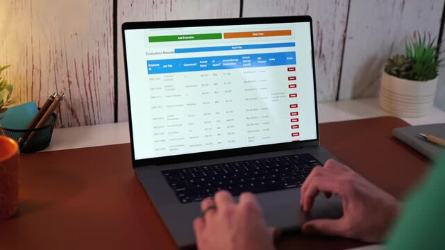 Middle Aged Human Resources Worker Runs Through AI Job Impact Analysis to Calculate Role Effectiveness for Layoffs and to Replace Positions Concept