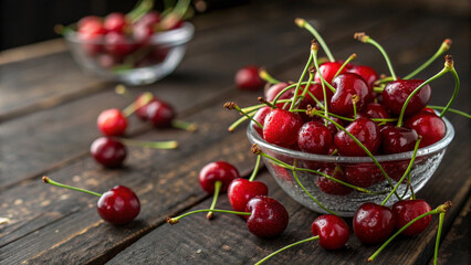 Fresh red cherries in a glass bowl on a rustic dark wooden table