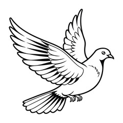 Obraz premium Flying dove with outstretched wings, simple black outline vector illustration artwork Vector