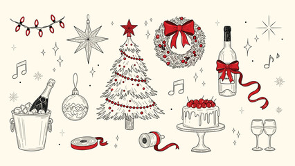 Elegant Christmas Holiday Collection: Hand-Drawn Christmas Tree, Wreath, Champagne, and Sweet Cake Illustration Vector for Greeting Cards and Design