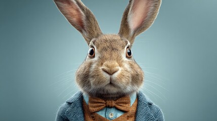 Dressed rabbit in a tailored suit. This whimsical portrait showcases a bunny with human-like attire, creating a blend of nature and sophistication. The image is captivating and amusing.