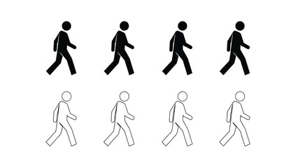 Walking Man Icon Vector Set: Pedestrian Sign Silhouettes and Outline Stick Figures