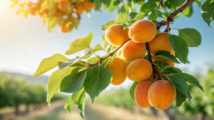 Ripe apricots hanging on a branch in a sunny orchard, ready for harvest