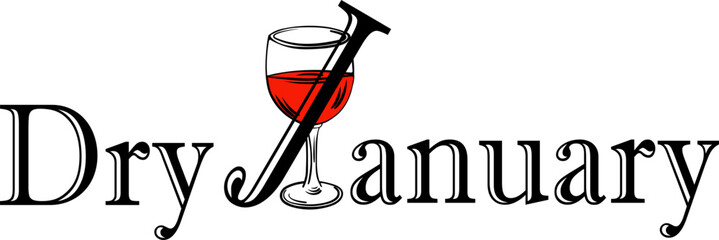 Minimalist Dry January illustration with typography integrated with a wine glass symbol. Visual concept promoting alcohol-free month, motivation, sobriety challenge, healthy lifestyle awareness