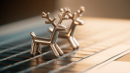 Small metal reindeer figures on a laptop keyboard, digital work concept on vacation