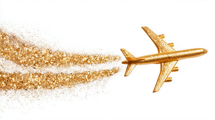 A small glitter airplane leaving a trail of golden sparkle on a white background, luxury holiday travel concept at Christmas