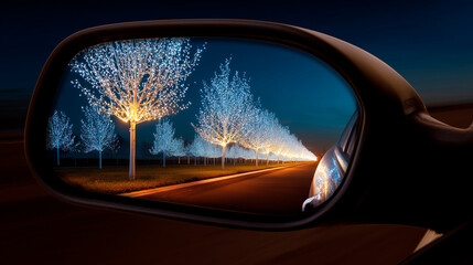 Rearview mirror reflecting the road surrounded by Christmas trees, concept of looking back on the new year