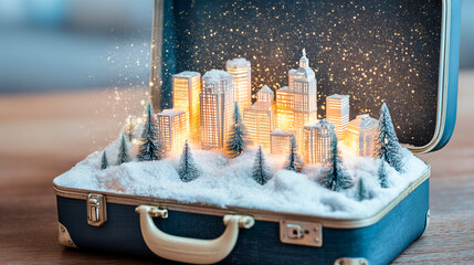 An open suitcase reveals a miniature winter city covered in snow inside, a concept for packing souvenirs