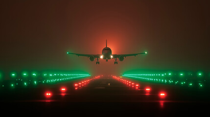 The red and green runway lights with the plane landing through dense fog, a concept of a safe arrival home during the holiday season
