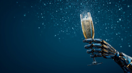 A robot hand holding a glass of sparkling champagne, an artificial intelligence concept celebrating the new year