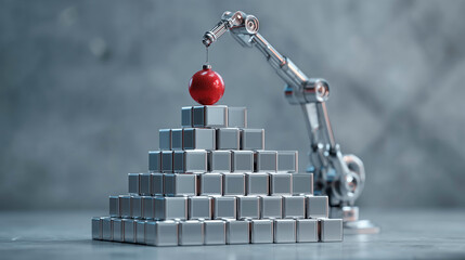Robotic arm placing a red Christmas ornament on a pyramid of silver cubes, Christmas concept in precision engineering