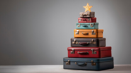 Stack of suitcases arranged like a Christmas tree with a star on top, Christmas travel concept