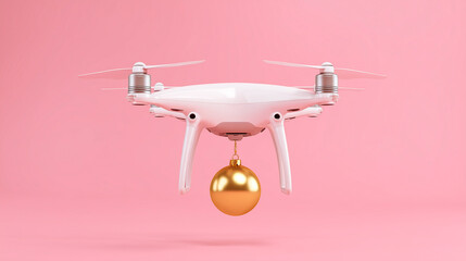 A white drone carrying a bright golden Christmas ball suspended in the air against a pink background, modern Christmas delivery concept
