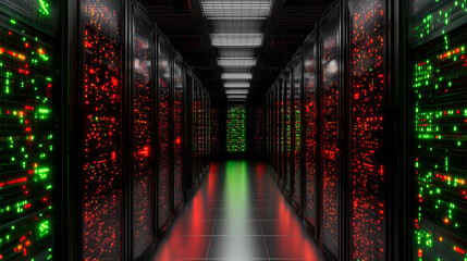 Server room hallway with lights flashing red and green, concept of increased server work during the holiday season