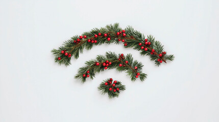 WiFi signal icon made of pine needles and holly berries on a white background, concept of technology on vacation, and having internet anywhere