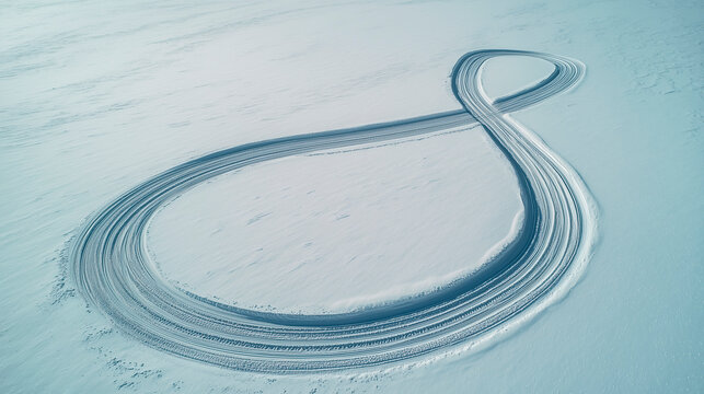 Tire tracks in the snow forming a perfect infinite loop, concept of endless travel