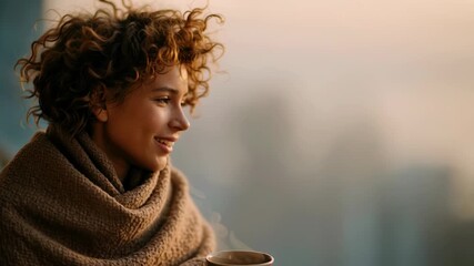 A woman wrapped in a warm blanket enjoys a fresh cup of coffee on a balcony as the sun rises over the city skyline