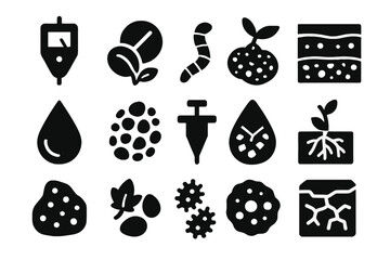 Soil Health Icons. Solid style icons of Soil health: pH meter, nutrient tablet, earthworm, soil layer, moisture droplet, texture