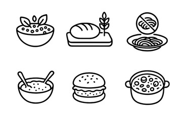 Culinary Grain Icons. Line style icons of culinary uses: grain salad bowl, ancient grain bread loaf, gluten-free pasta plate,