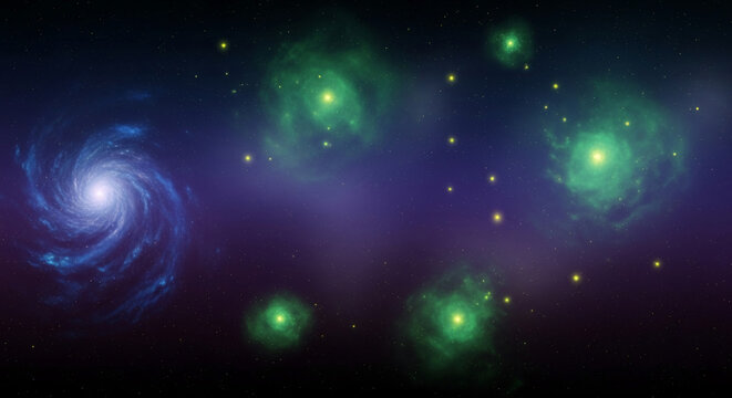 Digital rendering of a starry, celestial, space scene. A blue, swirling galaxy and green nebula clusters are visible, representing cosmic wonder and exploration