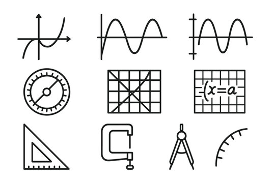 Scientific Calculation Icons. Line style icons of scientific calculation: function curve, sine wave, cosine chart, graph plot;