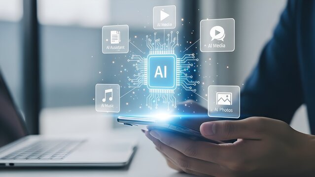 AI technology on a mobile phone digital transformation concept for business and innovation