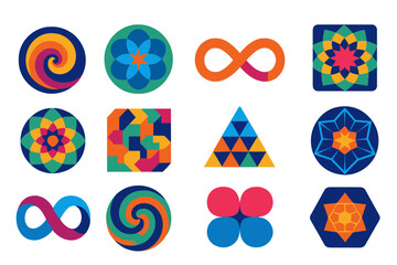 Psychedelic Geometry Icons. Flat vector icons of Psychedelic Mathematics: fractal spiral, sacred geometry flower, infinity loop,