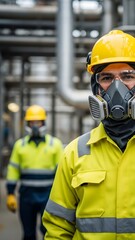 Fototapeta premium Industrial Worker in Yellow Hard Hat and Gas Mask at Plant