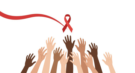 Diverse hands reaching for a red ribbon, symbolizing AIDS awareness and support.