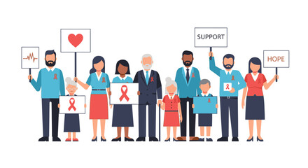 Diverse group of people holding signs and ribbons to show support for a cause, possibly AIDS awareness.