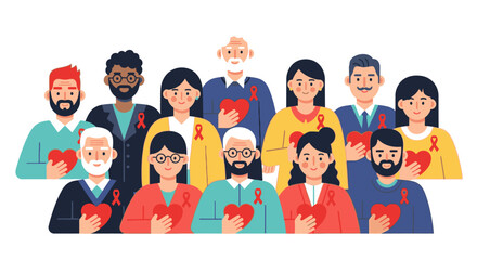 A diverse group of people holding red hearts and wearing red ribbons for solidarity and awareness.