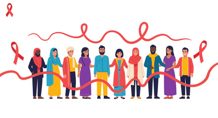 Diverse group of people from different cultures standing together with red ribbons symbolizing World AIDS Day awareness and support.
