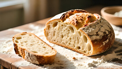 Freshly baked bread sliced on wooden table with flour scattered  