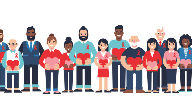 Diverse group of people holding hearts with red ribbons for AIDS awareness.