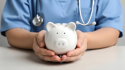 Doctor Holding White Piggy Bank on White Table with Blue Scrubs