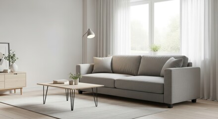 Fototapeta premium Modern minimalist living room with gray sofa and natural light