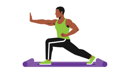 Athletic African American Man Performing Martial Arts or Fitness Stance on Exercise Mat Vector Illustration