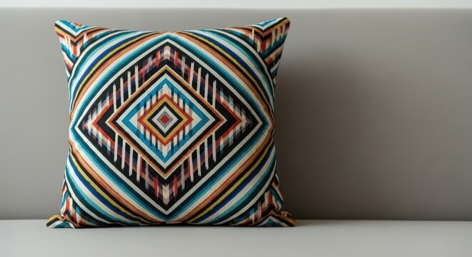 Colorful geometric patterned pillow on minimalist light gray sofa
