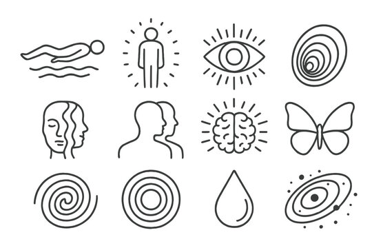 Altered Mind Icons. Line style icons of altered states: floating body, glowing aura, eye with rays, spiral tunnel; shifting face,