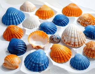 Colorful seashells arranged neatly on a textured white background, evoking the sea and beach vibes